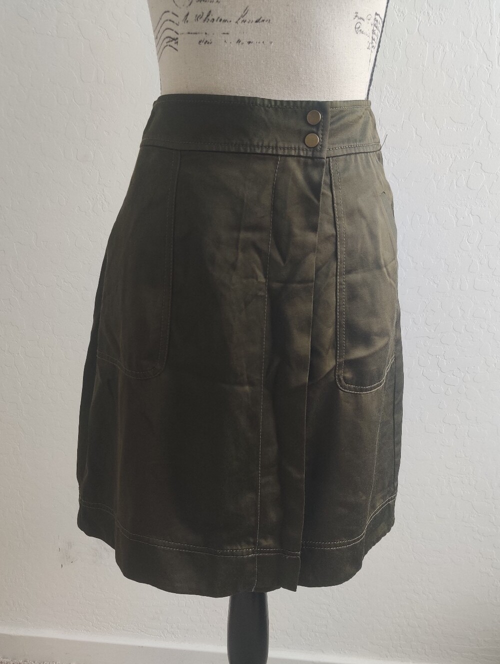 🆕 LOFT Olive Green A-Line Wrap Around Satin Midi Skirt & Pockets Work Office_0P